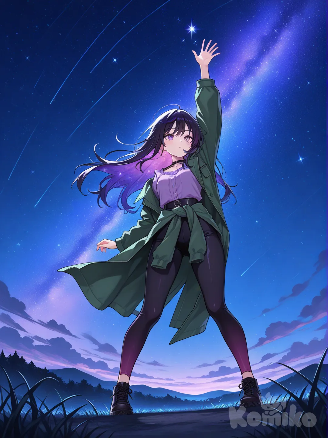 Crea una chica en una loma vestida con una licra negra una blusa morada y un abrigo en la cintura de color verde levantando una mano hacia el cielo que es de noche y se ven las estrellas con lindos colores y vibrantes