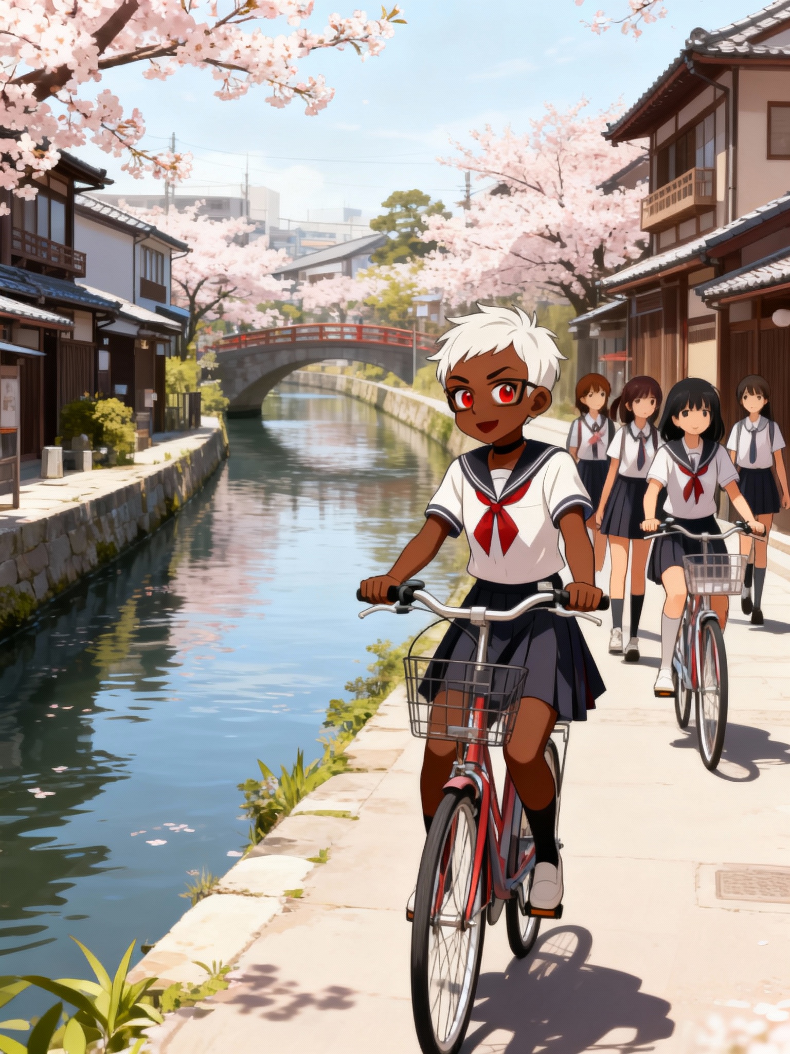 school uniform, riding bicycle,

ride a bike with her friends along a japanese style canal