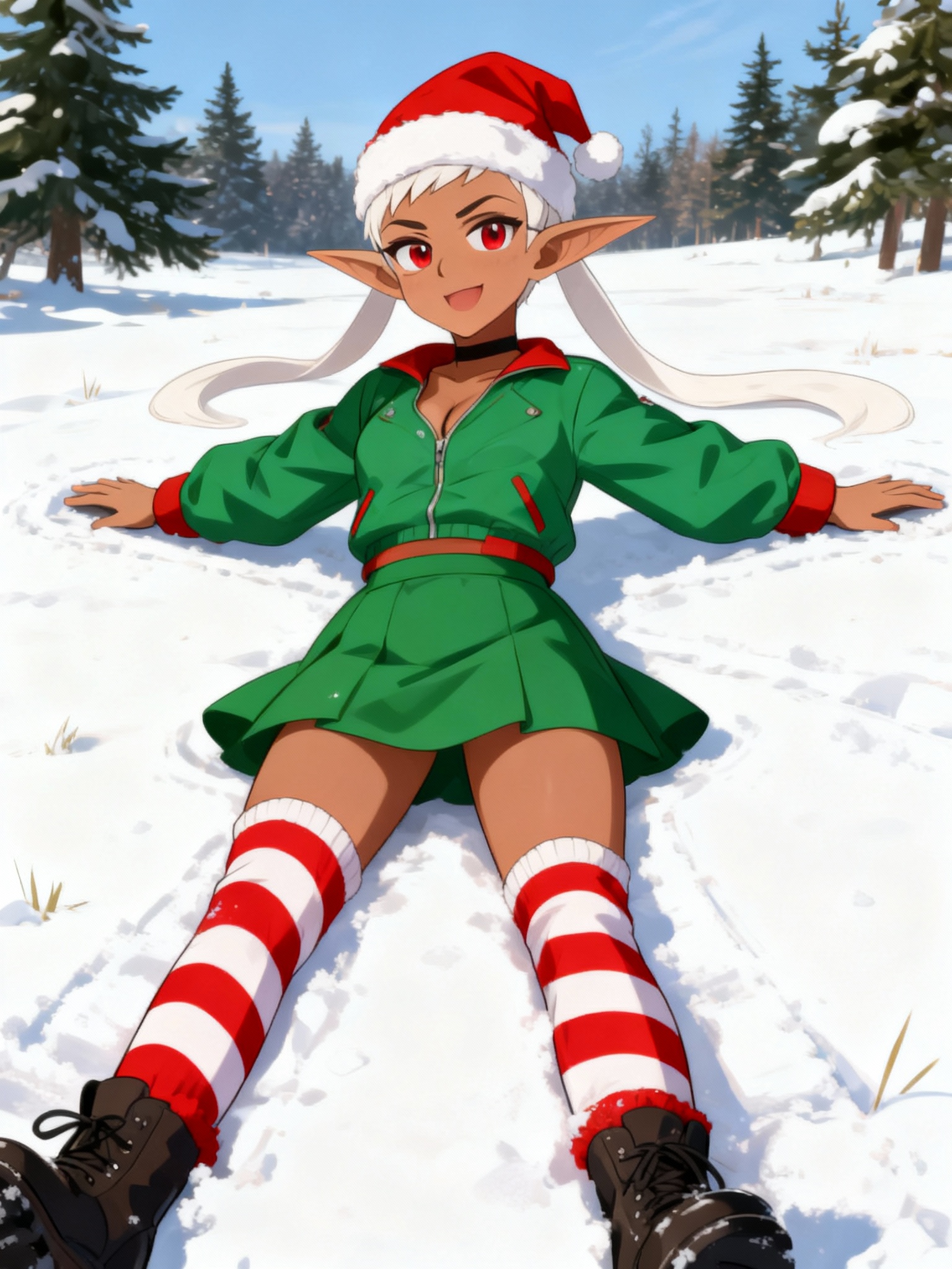 christmas stocking, kneehighs, elf, green skirt, long pointy ears, green jacket, santa hat, 

The girl in the reference photo dressed like a christmas elf, with candy Cain colored knee high socks, making a snow angel. Outdoors in a snowy field with pine trees