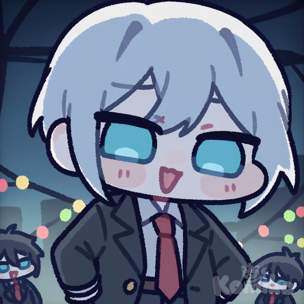 confident, young man, white hair, light blue eyes, wearing black suit, unbuttoned suit, red tie, waist up, dark city background, colorful lights,Comma Hair, urban atmosphere, anime screencap, lineart, night, school uniform, [blocky-faced-chibi-style], laughing