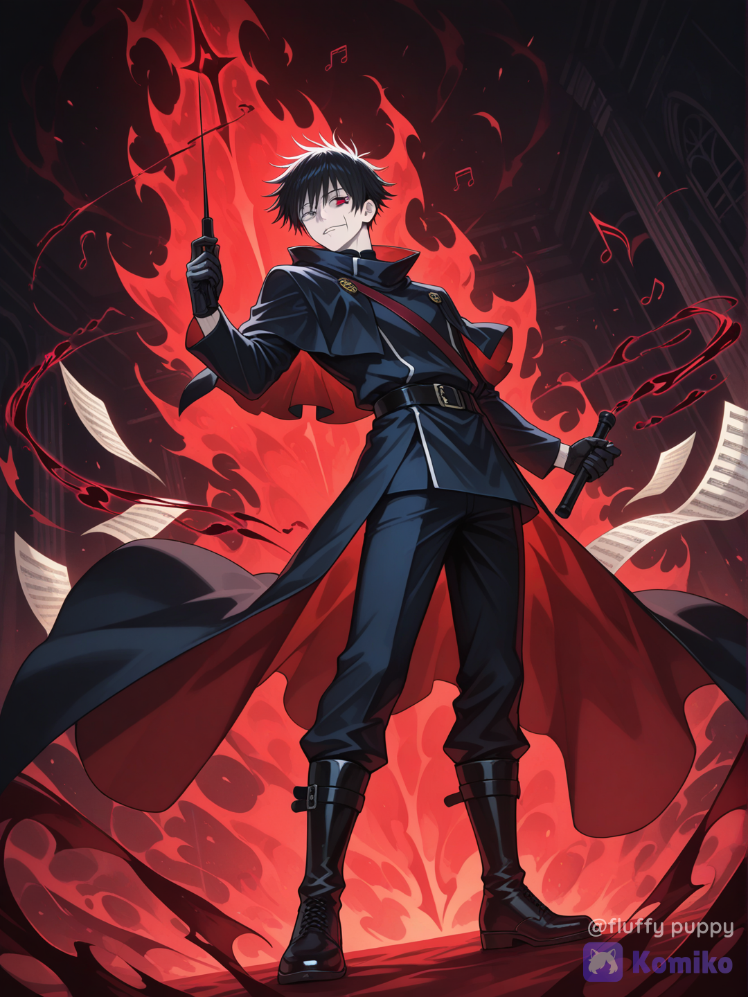 Anime style, Jujutsu Kaisen original character, male special grade sorcerer named Kanaeru Jibril "The Last Conductor", 19 years old, slim athletic build, pale skin, messy medium black hair with dark red tips, heterochromia eyes (right eye glowing crimson red, left eye silver gray), calm and mysterious expression, thin musical note scar under right eye, wearing modern black jujutsu uniform and long black coat with dark red inner lining and glowing music note patterns, black gloves and boots, holding a black-red conductor baton that transforms into a thin sword, surrounded by floating black and crimson musical notes and glowing sheet music, dark red cursed energy aura, cinematic lighting, tragic and majestic atmosphere, highly dynamic pose.
