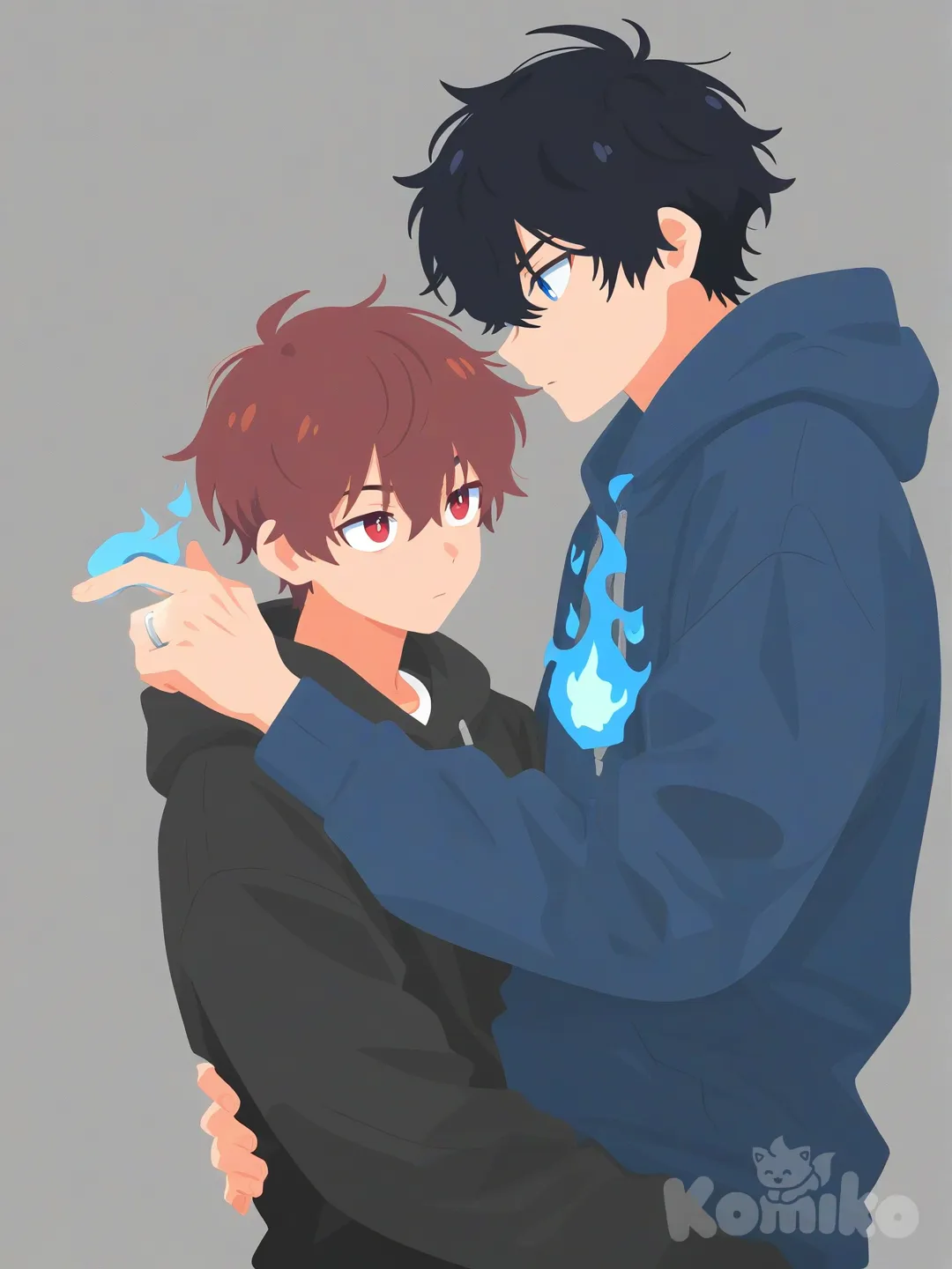 Um casal de dois , um homem jovem baixo lindo que tem cabelo curto castanhos bagunçado, olhos vermelhos, com um moletom preto e branco, e o outro homem jovem alto e lindo que tem cabelo preto cacheados curto , olhos azuis lindos, o casaco moletom de manga alta azul e uma aliança de namoro na mão, com aura de fogo azul em volta dele, [flat-illustration-style]