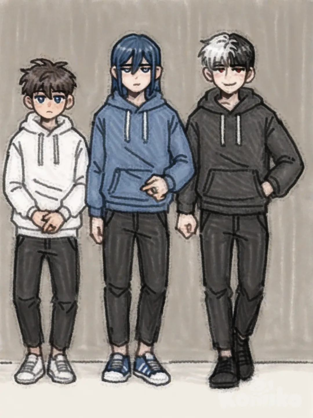 3 Men o primeiro e baixo o segundo o mais alto e terceiro o intermediário.

•um homem jovem com cabelo curto castanhos bagunçado, olhos vermelhos, com um moletom preto e branco ele e o mais baixo, 

• homem jovem mais alto e lindo de cabelo preto cacheados curto , olhos azuis lindos, o casaco moletom de manga alta azul e ele alto e tem uma aliança de namoro na mao,

• homem jovem ele com olho azul e cabelo metade azul e metade branco , e moletom branco, [deep-fried-meme-style]