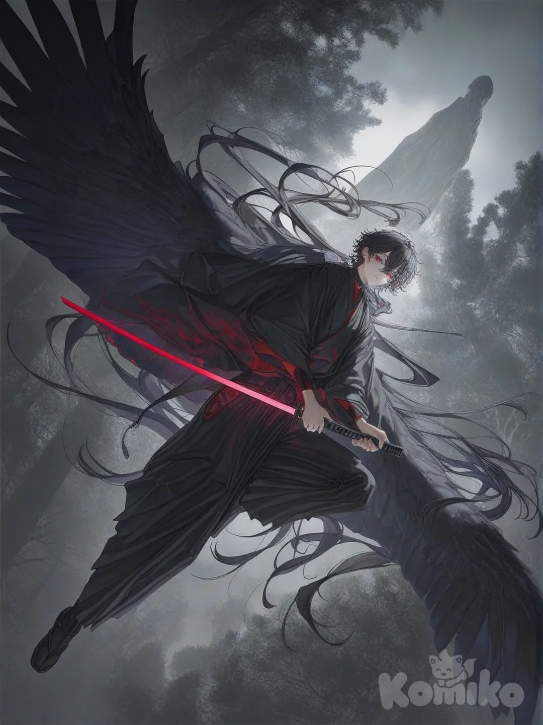 Ele é um jovem de aura sombria, com cabelos pretos bagunçados e olhos vermelhos intensos. Possui asas negras grandes abertas atrás de si. Usa roupas escuras com detalhes metálicos e carrega uma katana, cuja lâmina emite uma energia negra avermelhada
Ambientação uma floresta colossal, onde árvores gigantes bloqueiam a luz do sol e animais enormes habitam o lugar, reforçando o clima hostil e estranho do ambiente, voando. estilo anime meio realista, [soft-light-illustration-style]