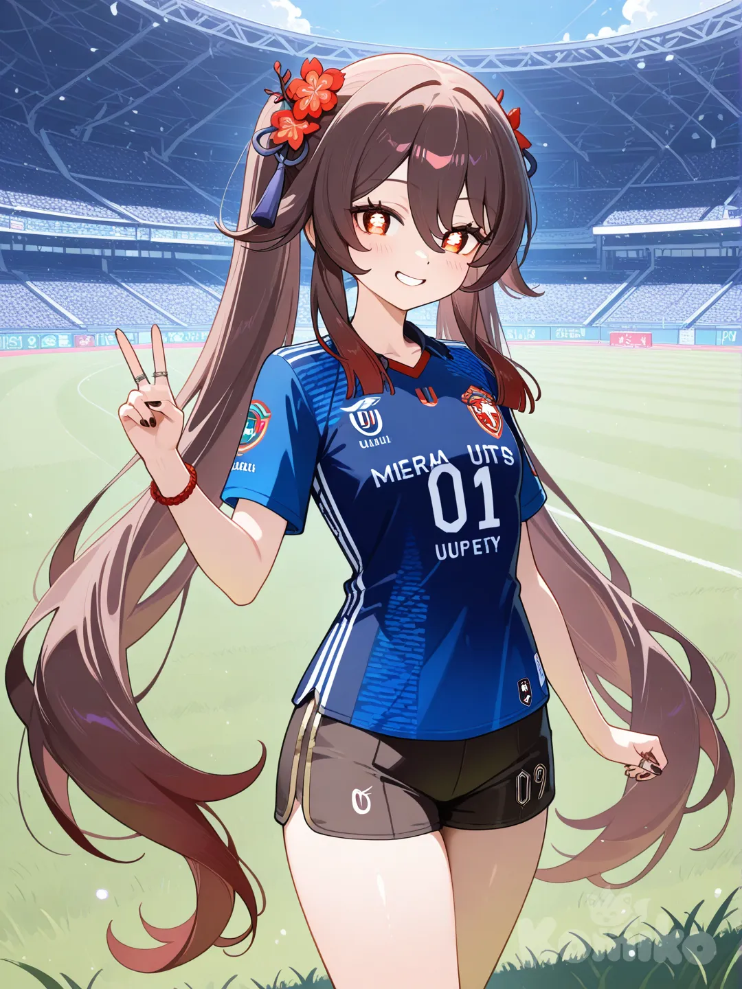 @Hu_Tao_(Genshin_Impact), smile,Manchester United jersey,football field, v sign