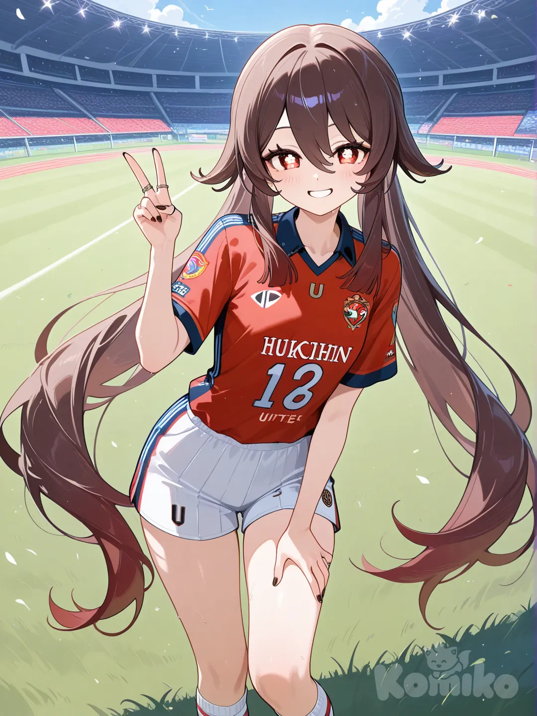 @Hu_Tao_(Genshin_Impact), smile,wearing a Manchester United jersey,football field, v sign