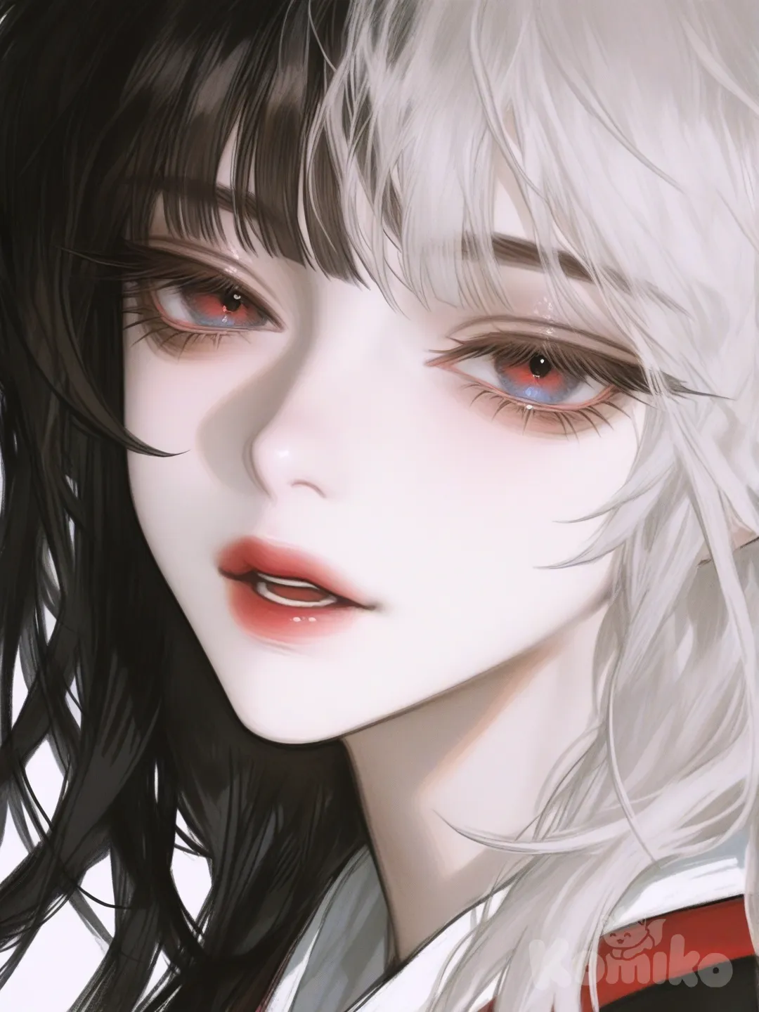 Close up of two sets of eyes on a white background, one set of eyes with long lashes, white hair, red irises and pale skin, second set of eyes are blue, shorter lashes, tan skin, long black hair, sharp eyes, closeup, looking at viewer, front profile photo, headshot, [semi-realistic-portrait-style]