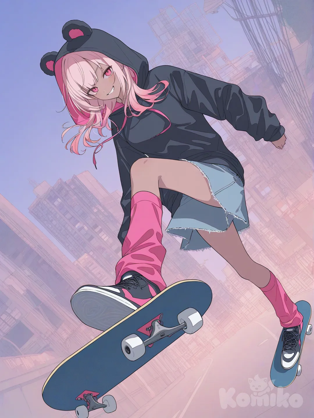 1girl, pink hair, shoulder length hair, black hoodie, hood with bear ears, blue denim skirt, pink leg warmers, sneakers, big pink eyes, tan skin, make her skateboarding, small town city background, smirking, front profile photo, wide shot, full body, portrait, cool pose, perspective, perspective pose, cool skateboarding pose, [soft-pastel-style]