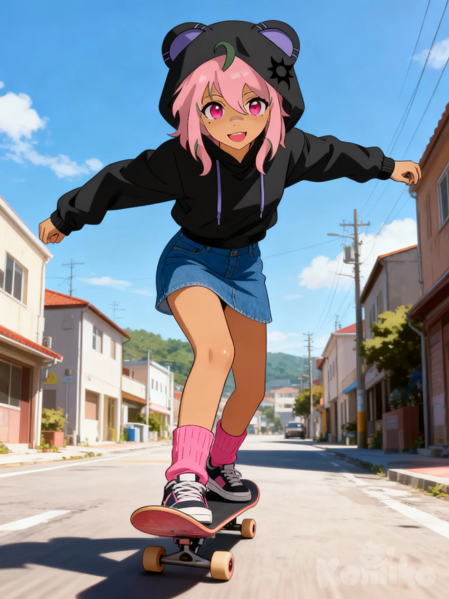 1girl, pink hair, shoulder length hair, black hoodie, hood with bear ears, blue denim skirt, pink leg warmers, sneakers, big pink eyes, tan skin, make her skateboarding, small town city background, smirking, front profile photo, wide shot, full body, portrait, cool pose, perspective, perspective pose, cool skateboarding pose, [semi-realistic-portrait-style], 1000003516
