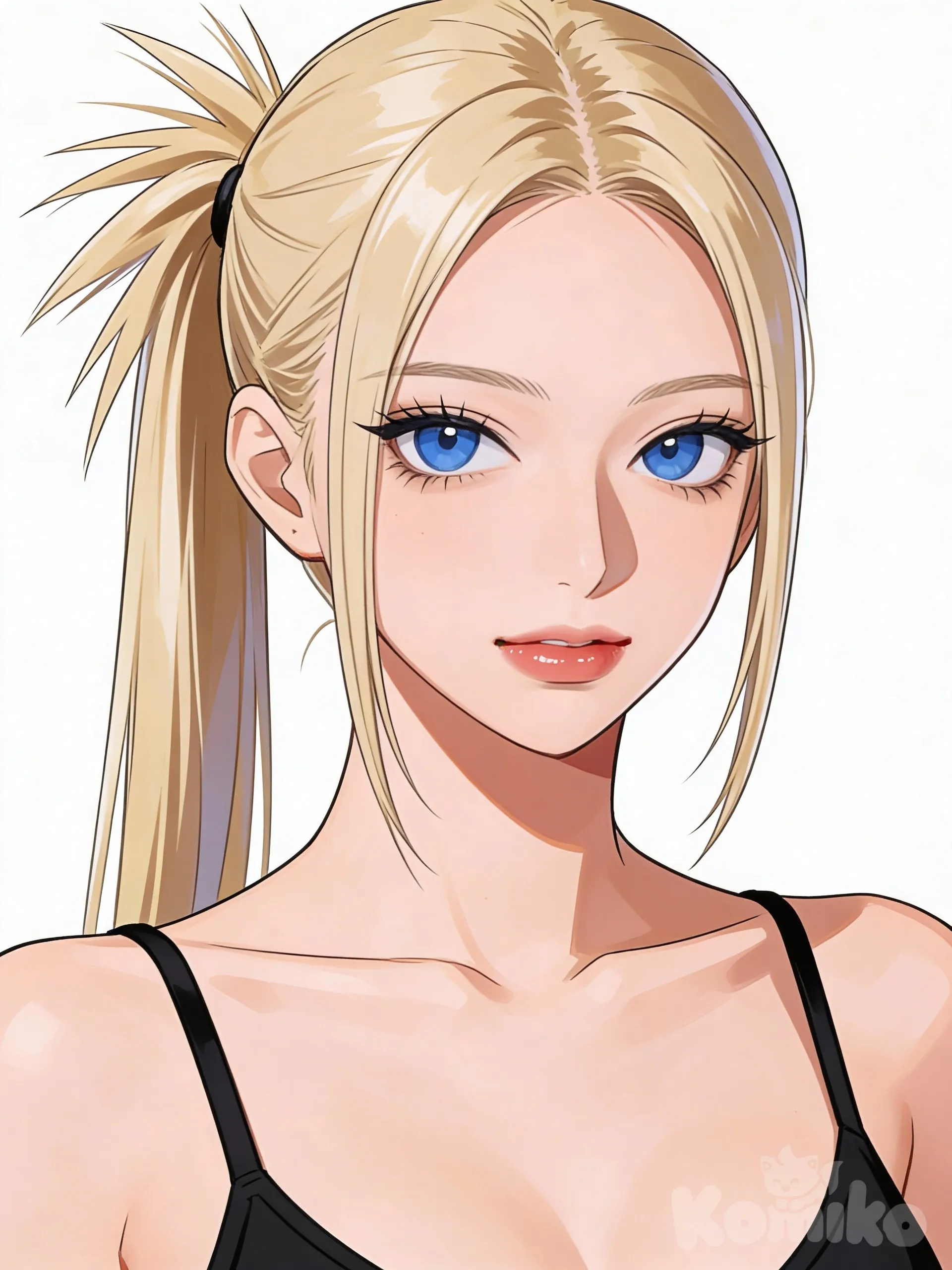 1girl, straight blonde hair, hair tied up into a spiky ponytail, sharp blue eyes, black singlet strap top, headshot, portrait, closeup, facing viewer, above shoulders shot, front profile photo, white background, straight facing viewpoint, standing straight and facing front, bust shot, [semi-realistic-portrait-style], facing the same angle as the shot from reference, copy camera angle from reference picture, 1000011791