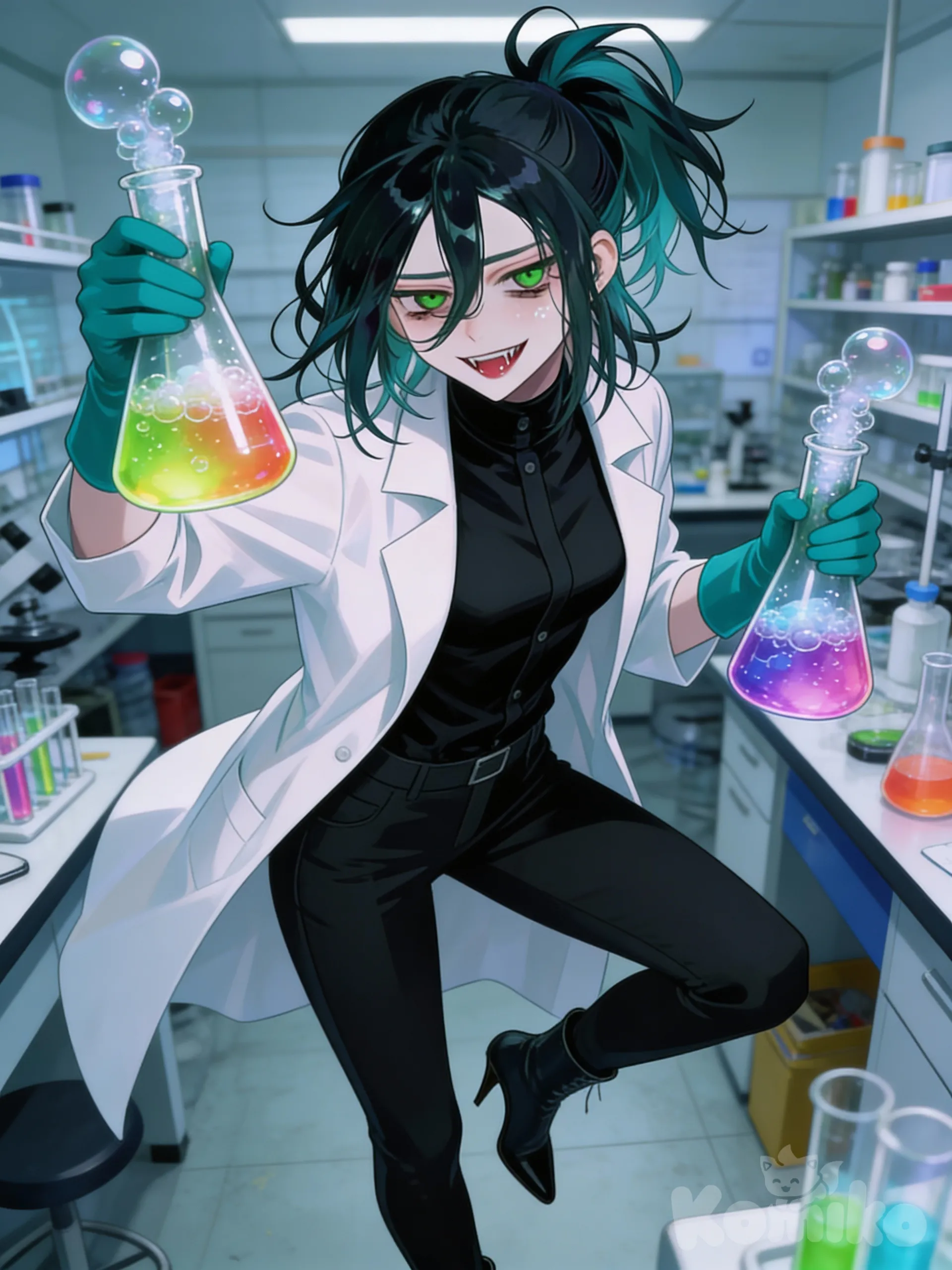 mad scientist, messy hair tied back, teal and black colored hair, sharp green eyes, tired eyes, 1girl, pale skin, evil grin, white lab coat, formal clothes, black turtleneck shirt, teal coloured gloves, black pants, small high heel boots, dynamic pose, cool pose, holding beakers filled with liquid, science lab background, [semi-realistic-portrait-style], 1000011874