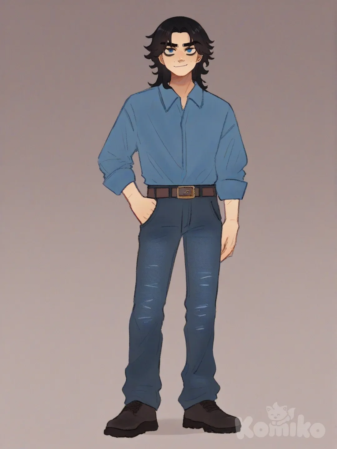[soft-shaded-moe-style], full body, male with shoulder length black hair, bangs, 80's mullet, longsleeve blue collar shirt, smirking, blue eyes, blue jeans, belt