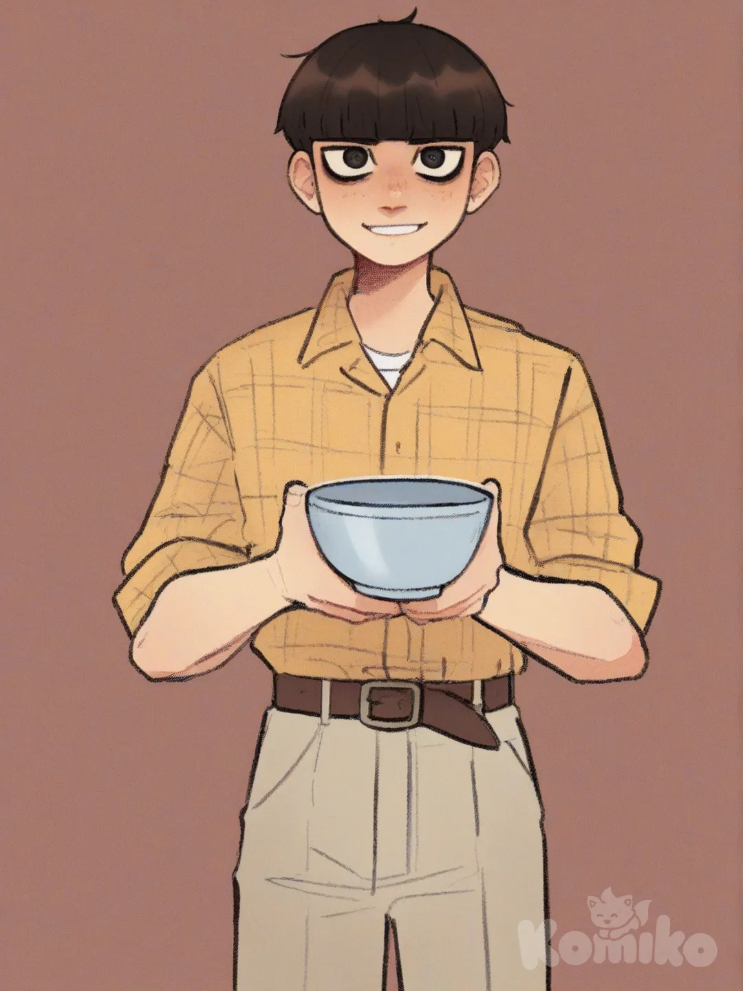 Lean boy with short brown hair, 80's fluffy bowl cut, big eyes, yellow plaid shirt, smiling, beige jeans, belt, [soft-shaded-moe-style]
