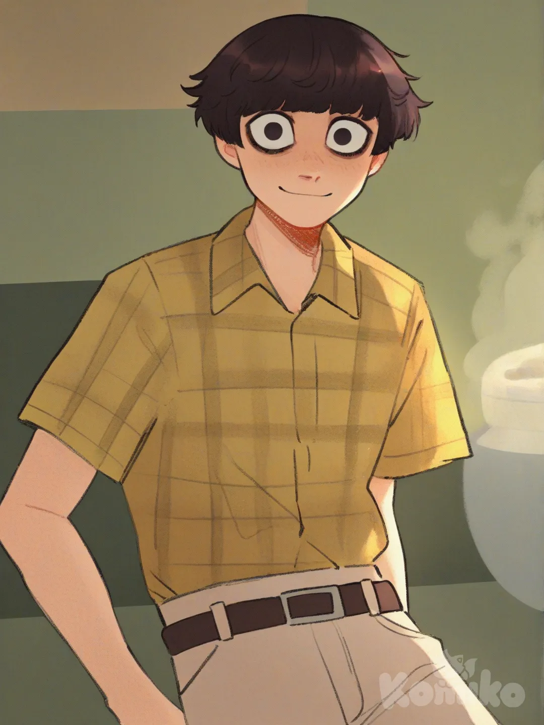 Lean boy with short brown hair, 80's fluffy bowl cut, big eyes, yellow plaid shirt, smiling, beige jeans, belt, [soft-shaded-moe-style]