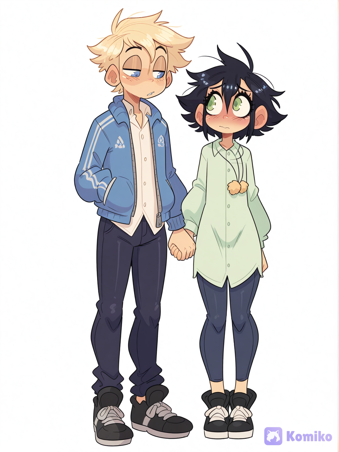 Male, 2people, first male, wearing a blue chullo hat (aviator hat) with a yellow puffball, blue zipped up jacket, short black hair, black pants, black sneakers, green eyes, second male, messy spiky blonde hair, pale green button-up shirt that is buttoned incorrectly, dark blue pants, black shoes, blue eyes, holding hands, flustered, cowboy shot, white background, cartoony style, simple, cute, painterly style, [mischief-style]