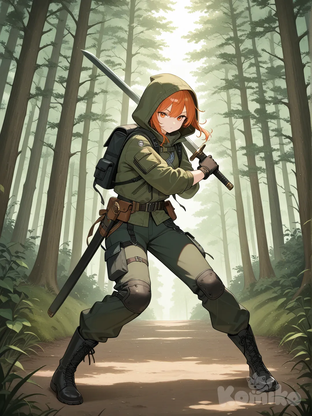 Anime , holding sword, full body, outdoor adventure jacket