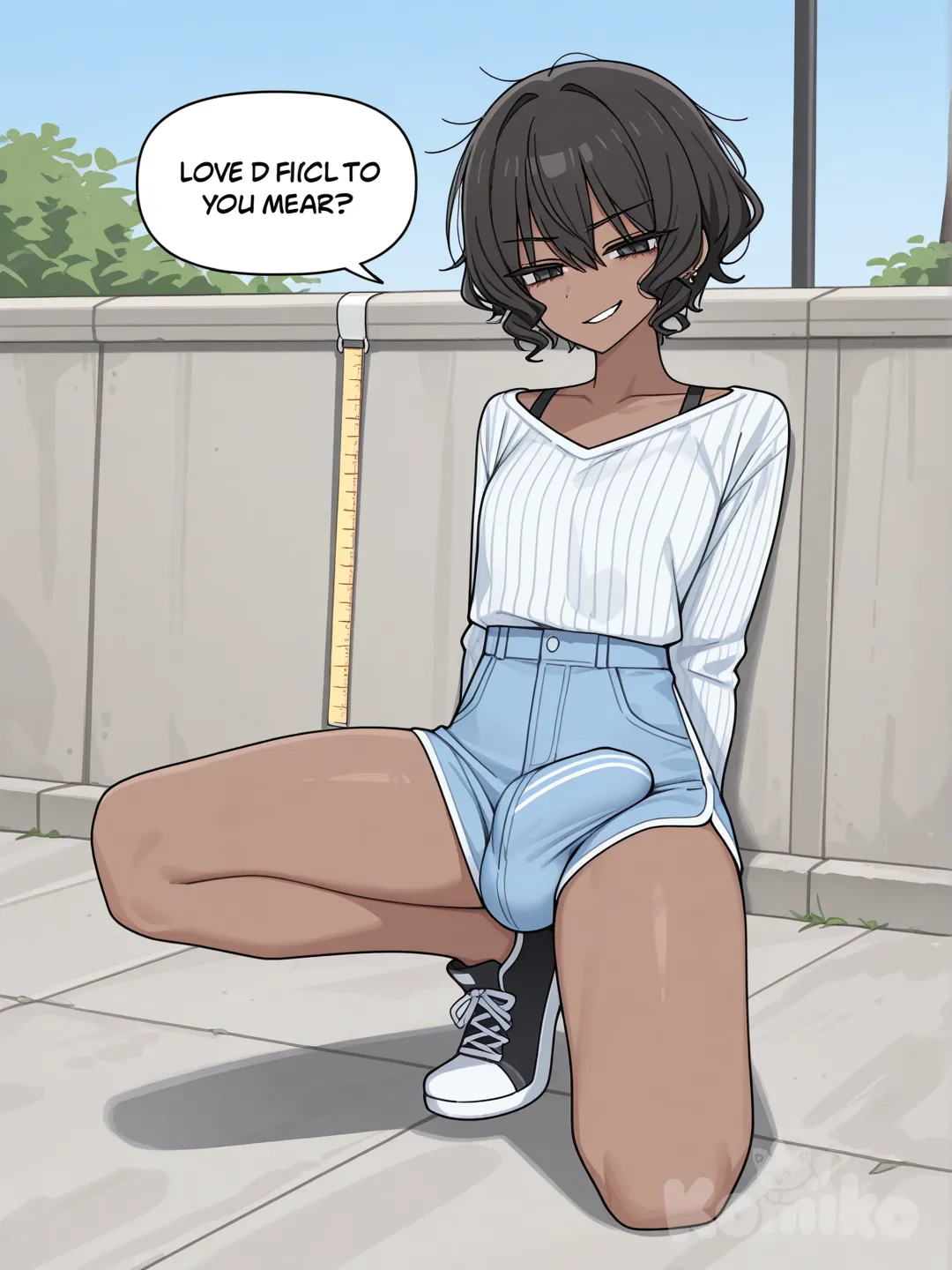  futanari bulge, médium dick, full body, hair curly Chanel , day, smirk, ebony , [toon-shaded-style]