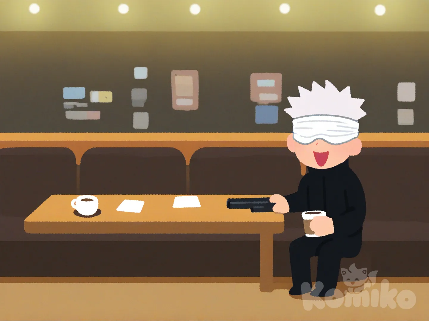 @Gojou_Satoru, [irasutoya-style], holding gun, laughing, full body, ambient light, cafe