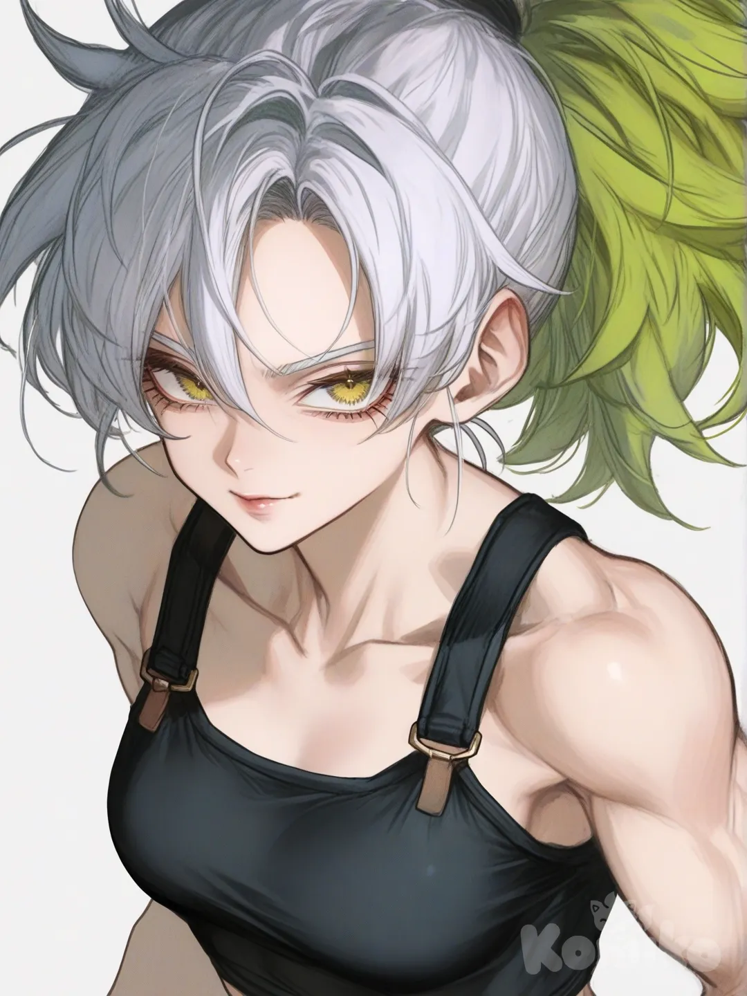 [semi-realistic-portrait-style] 1girl, dragon_ball_(series), saiyan, teen, muscular, slim, curvy, dark_green_hair, white_hair_streak, spiky_hair, ponytail, single_character, full_body, looking_at_viewer, simple_background, white_background