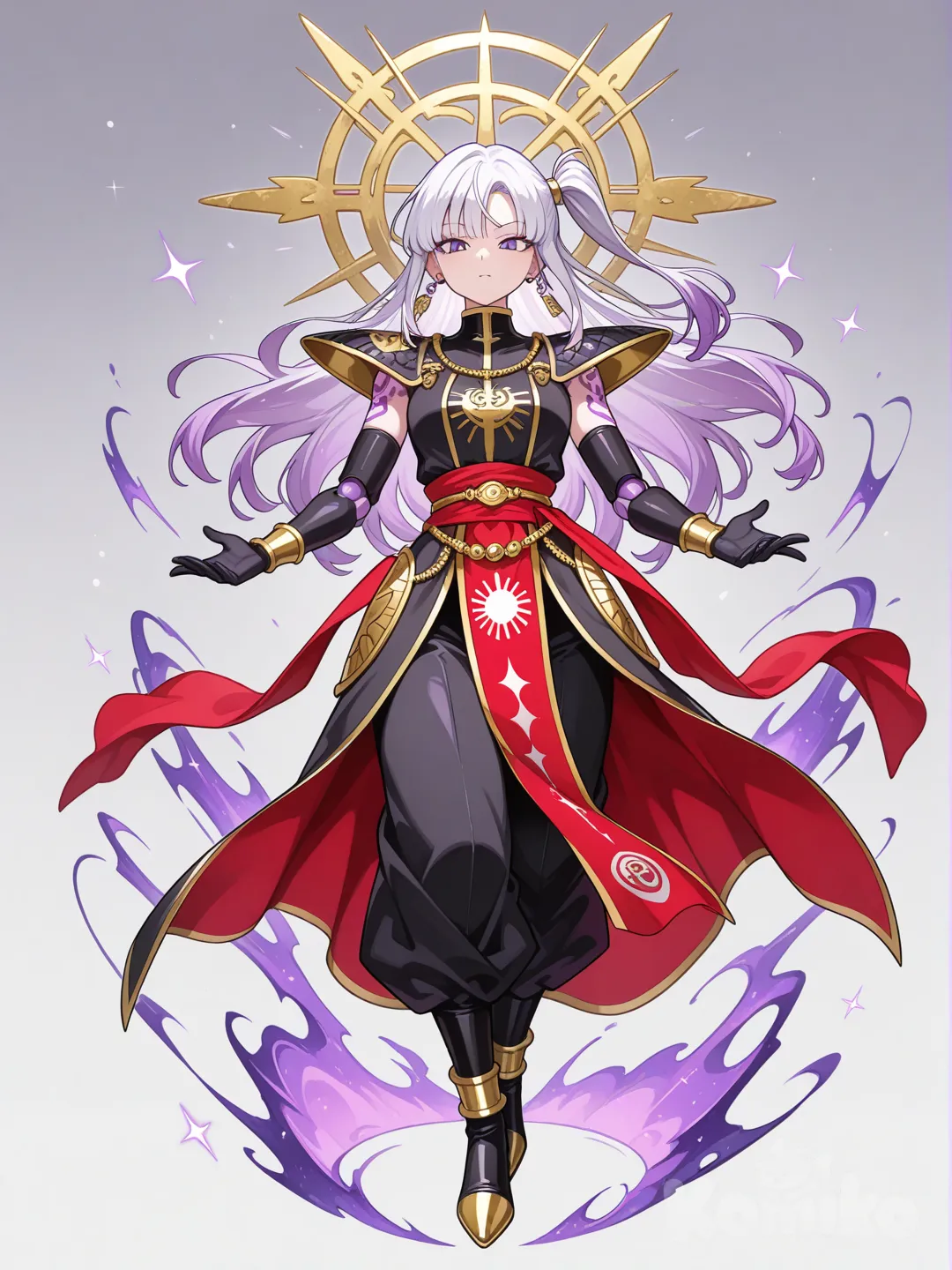 Change her outfit as described and keep it in dragon ball z art style. This entire outfit is a customized gi
Upper Body: A sleek black bodysuit with structured, ornate shoulder guards that extend slightly outward, not too much. Deep purple accents run along the sides and joints, creating a regal color distribution. The neckline is higher and more formal than typical Saiyan armor, with a stiff collar piece adorned with a golden emblem.
Waist: A crimson ceremonial sash wrapped multiple times around the waist, tied with the fabric flowing down one side. This adds a formal, almost priestly quality to the design - emphasizing ritual and status over pure practicality.
Lower Body: Flowing black pants or a long tunic with subtle purple gradients, featuring golden trim along the outer seams. The silhouette is more elegant and elongated compared to standard Saiyan armor, creating a divine, otherworldly presence.
Footwear: Black boots with golden toe caps and ankle bands, designed with a slight heel for added height and presence.
Overall Aesthetic: The outfit transforms Purpara’s warrior gear into something that resembles holy vestments - maintaining combat functionality but prioritizing divine majesty, symmetry, and ceremonial grandeur. The design speaks to authority, cosmic order, and supreme confidence rather than raw battle readiness.