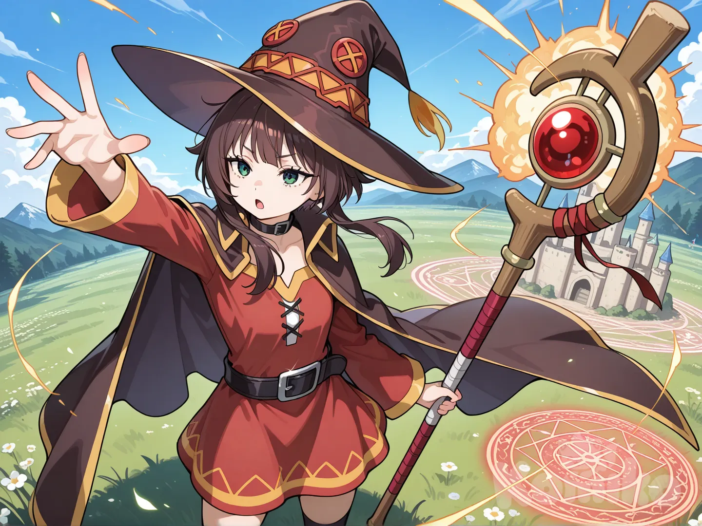 megumin, en una pradera practicando el hechizo explosión contra un castillo a lo lejos