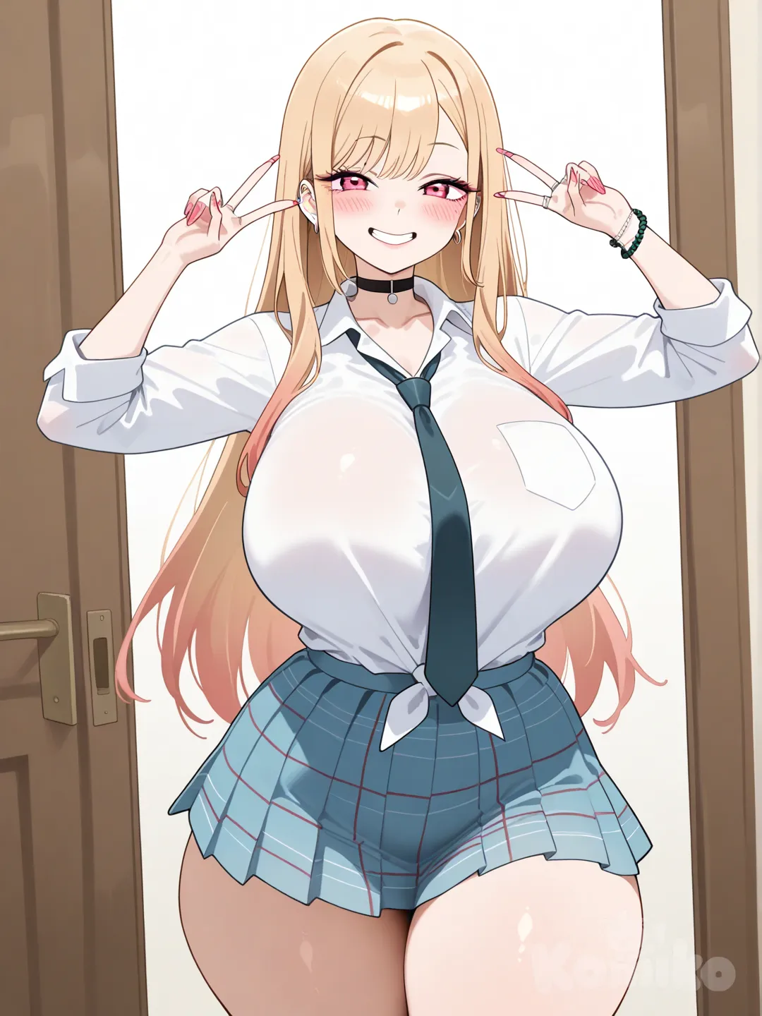 kitagawa marin, huge ass, huge breasts, thick thighs, double v, light smile