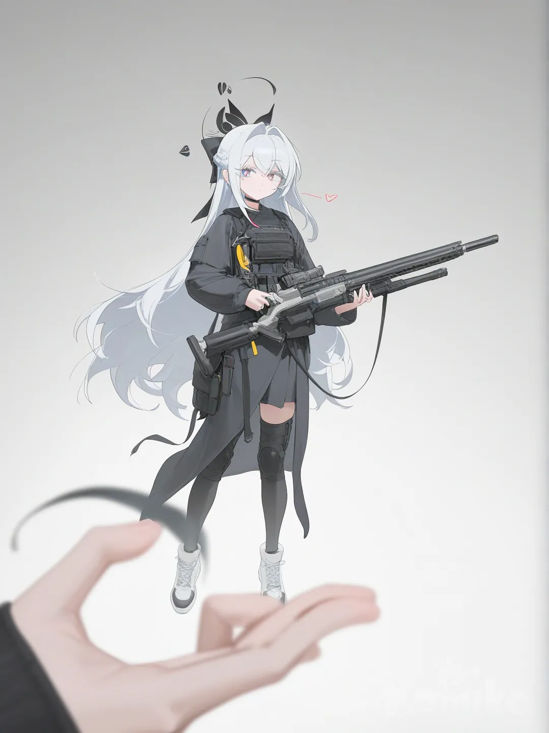 [vibrant-anime-style], holding gun white bg, heart hands white background