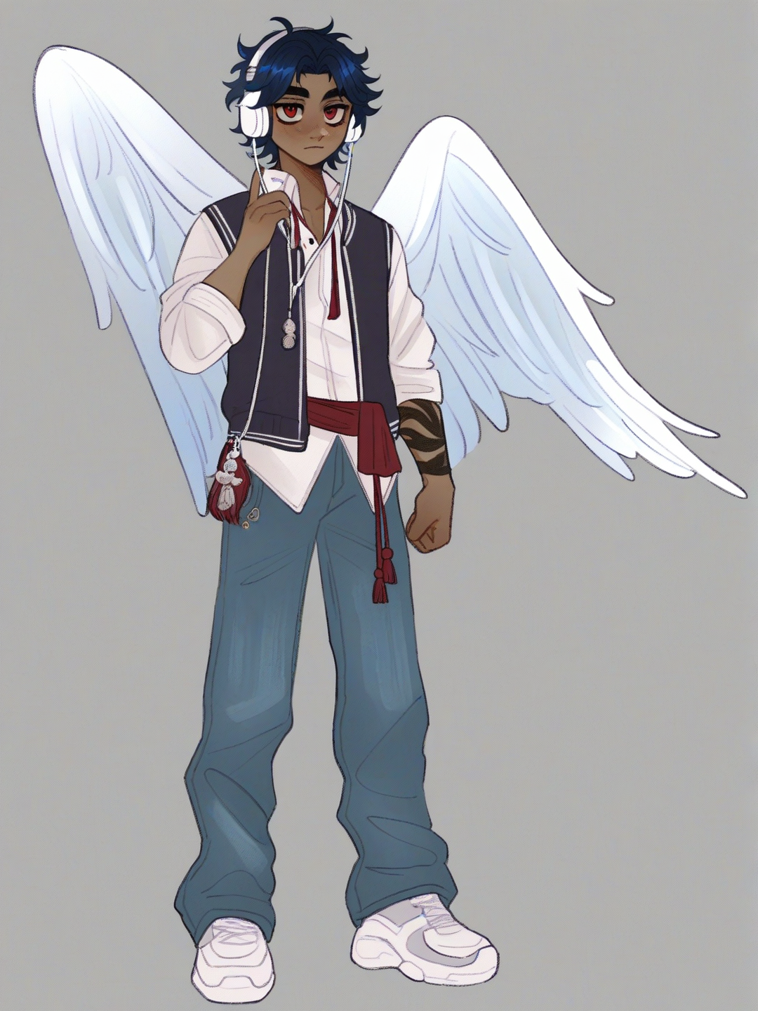 [soft-shaded-moe-style] 1boy, teenager, muscular, dark skin, blue hair, red eyes, tattoo, vest, jeans, school uniform, tassels, knee-high socks, headphones, angel wings, single character, full body, looking at viewer, anime style, simple background, white background