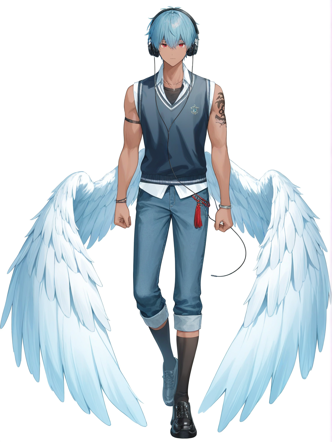 [soft-pastel-style] 1boy, teenager, muscular, dark skin, blue hair, red eyes, tattoo, vest, jeans, school uniform, tassels, knee-high socks, headphones, angel wings, single character, full body, looking at viewer, anime style, simple background, white background