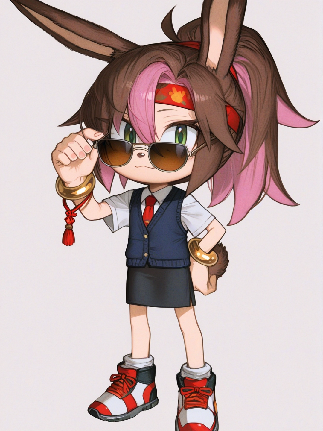 [semi-realistic-portrait-style] 1girl, original_character, sonic_the_hedgehog_(series), anthropomorphic, rabbit_ears, child, tall, ponytail, brown_hair, pink_hair, green_eyes, fair_skin, school_uniform, school_vest, pencil_skirt, tassels, headband, sunglasses, bracelet, single_character, full_body, looking_at_viewer, anime_style, simple_background, white_background