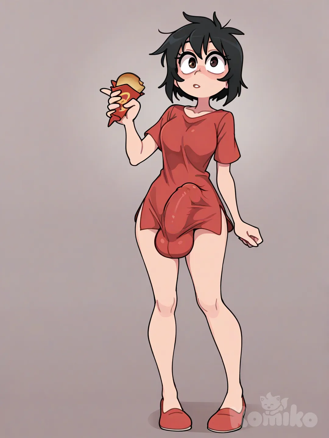 Futanari bulge, médium dick, full body , [clean-lines-style], disney , food wrapper