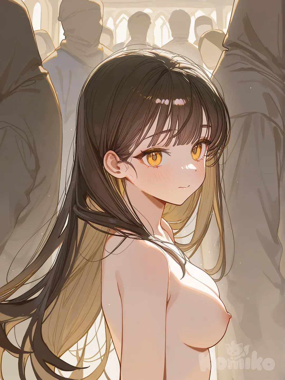 1girl, nude, background, long hair, dark brown hair, yellow eyes, medieval background, medium breasts, cute, public nudity, clothed male nude female, walking, completely nude, nipples, surrounded by people, embarrassed, [lacquered-illustration-style], looking away, upper body