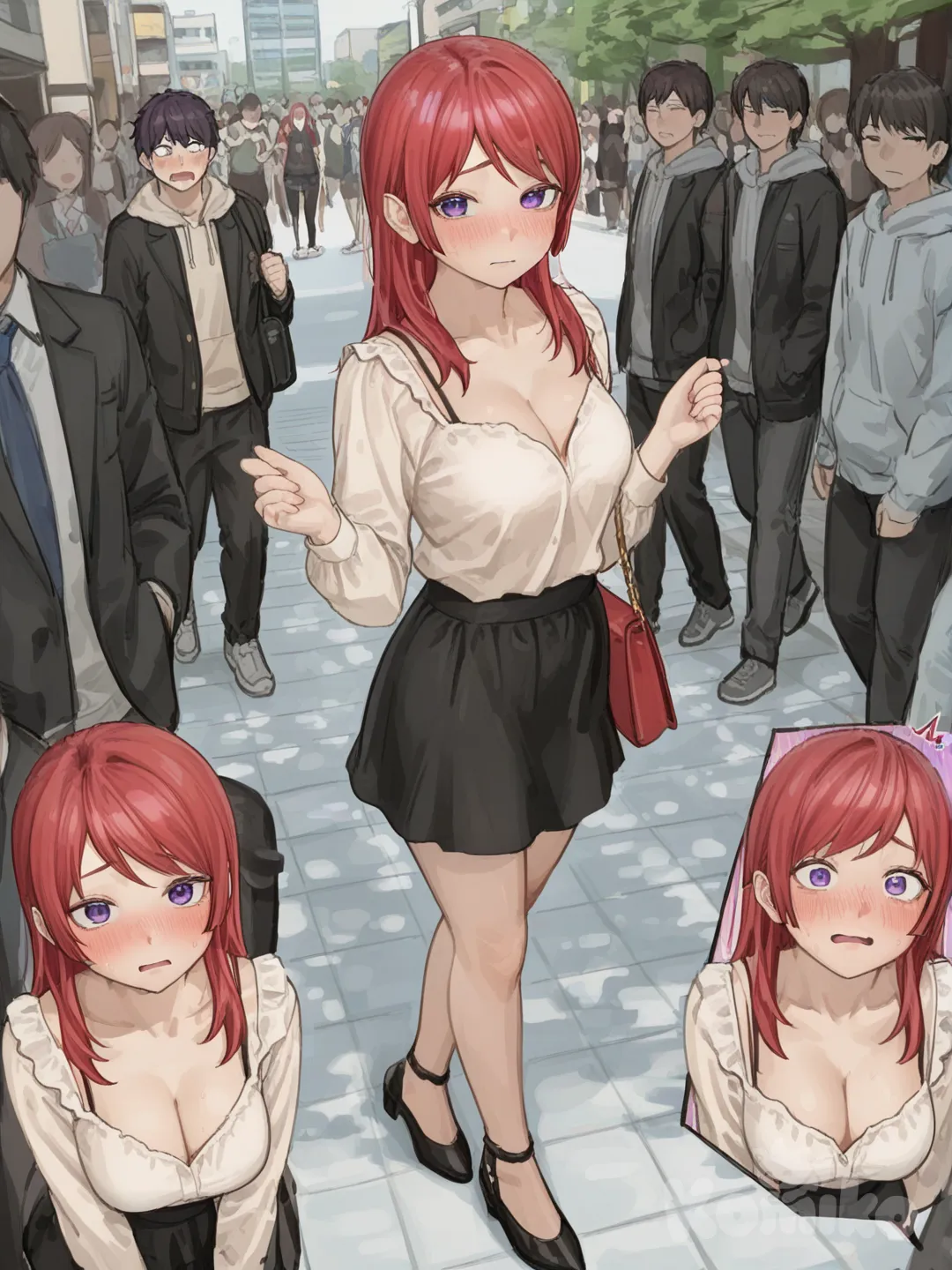 Chica, avergonzada, preocupada, universidad de fondo, blusa blanca, blusa muy escotada de tirantes, escote grande, ropa sexy, minifalda negra, pecho mediano, piernas atractivas, pelo largo , pelo rojo, pelo largo, incómoda, ojos morados, caminando, bolso, grupo mixto viéndola, sexy, [soft-painterly-style], closeup, full body, looking at viewer, from above