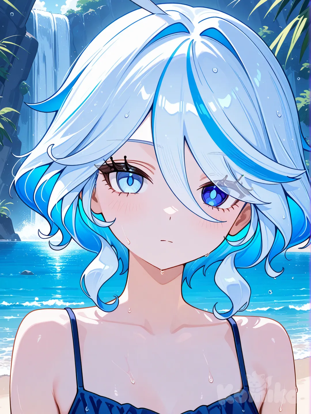 @Furina_(Genshin_Impact), beach shorts, portrait, waterfall, expressionless