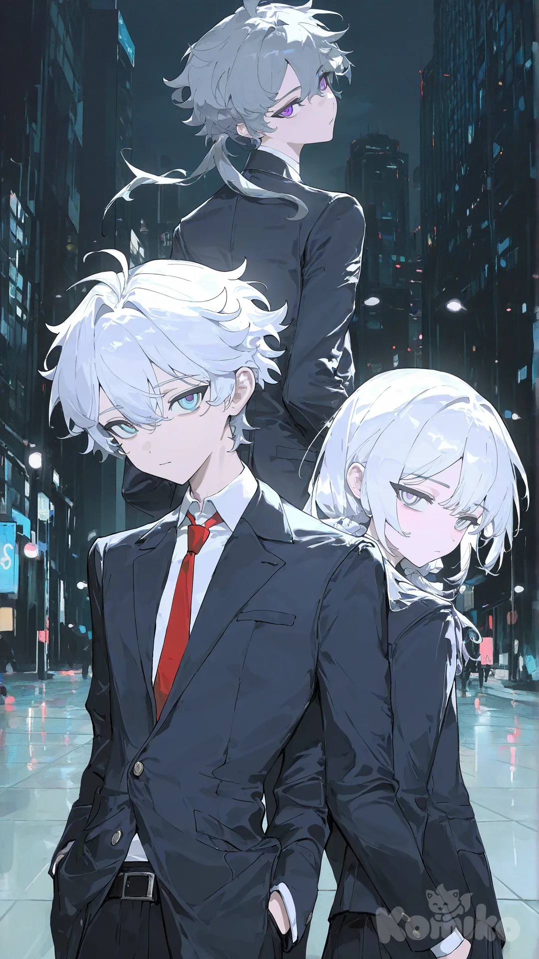 confident, young man, white hair, light blue eyes, wearing black suit, unbuttoned suit, red tie, waist up, dark city background, colorful lights,Comma Hair, urban atmosphere, hands in pockets, anime screencap, lineart, [desaturated-illustration-style] ,A young man with white hair, Comma Hair ,purple eyes, wearing a blue tie , 2boys, night, school uniform, expressionless, back to back, head tilt, looking back