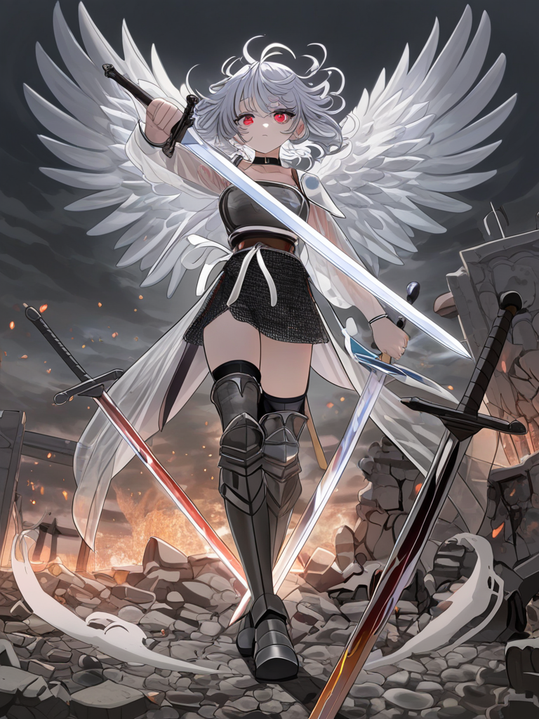 [ethereal-fantasy-style], 1girl, floating, silver hair, side part, fluffy curls, messy hair, red eyes, disappointed, hanfu top, battle outfit, knight uniform, chainmail, translucent fabric, silk, wings, angle wings, choker, thigh-high boots, charcoal black, full body, firelight, ethereal lighting, battlefield, two swords, holding swords