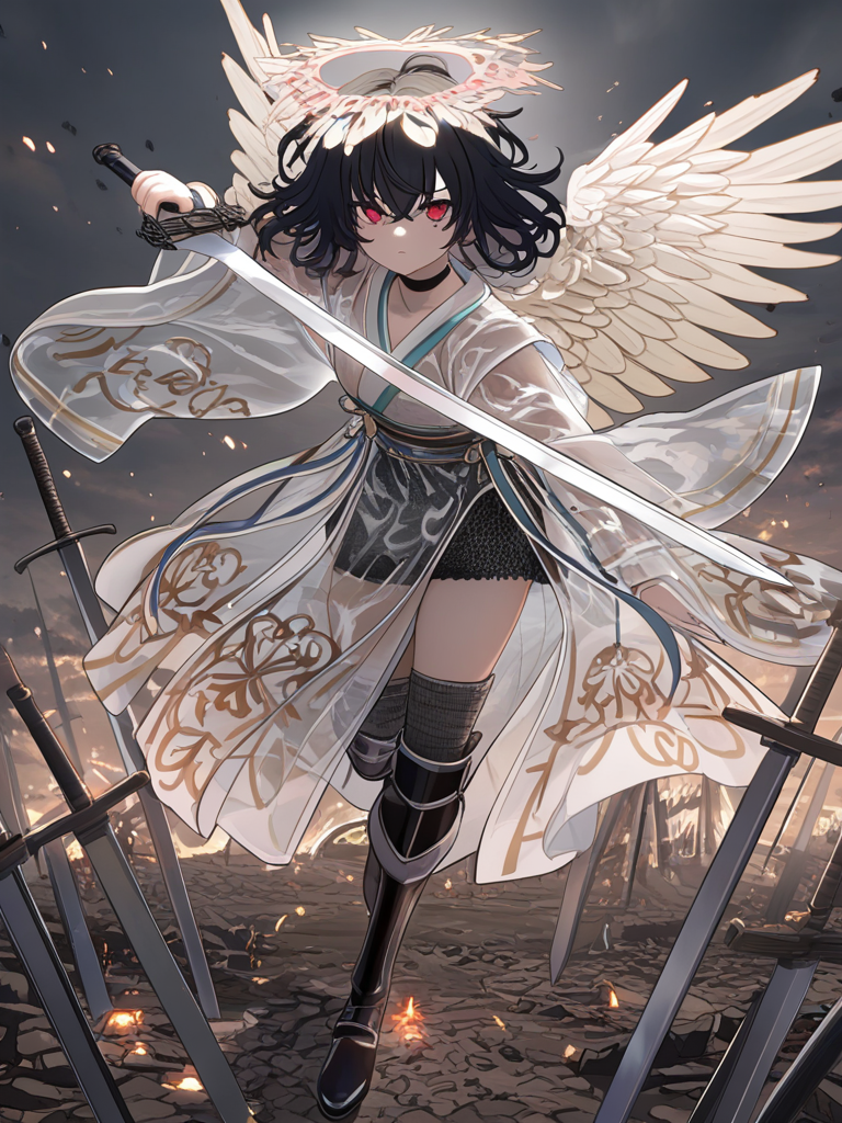 [ethereal-fantasy-style], 1girl, floating, side part, fluffy curls, messy hair, red eyes, disappointed, hanfu top, battle outfit, knight uniform, chainmail, translucent fabric, silk, wings, angle wings, choker, thigh-high boots, charcoal black, full body, firelight, ethereal lighting, battlefield, two swords, holding swords, feather halo, black hair