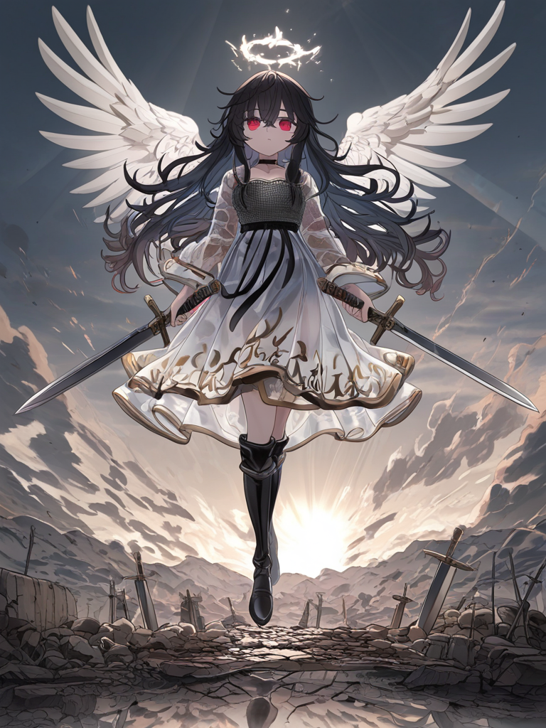 [ethereal-fantasy-style], 1girl, floating, side part, fluffy curls, messy hair, red eyes, disappointed, hanfu top, battle outfit, knight uniform, chainmail, translucent fabric, silk, wings, angle wings, choker, thigh-high boots, charcoal black, full body, firelight, ethereal lighting, battlefield, two swords, holding swords, feather halo, black hair