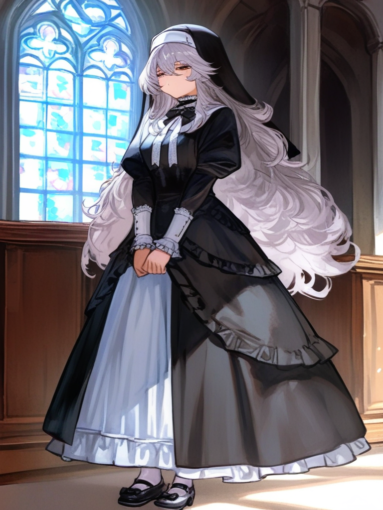 [vibrant-anime-male-style], 1girl, disappointed, layer long skirt, nun attire, silk, hairband, bow tie, choker, silver hair, loose hair, fluffy curls, stockings, mary jane shoes, charcoal black, ivory white, full body, day, window light, church