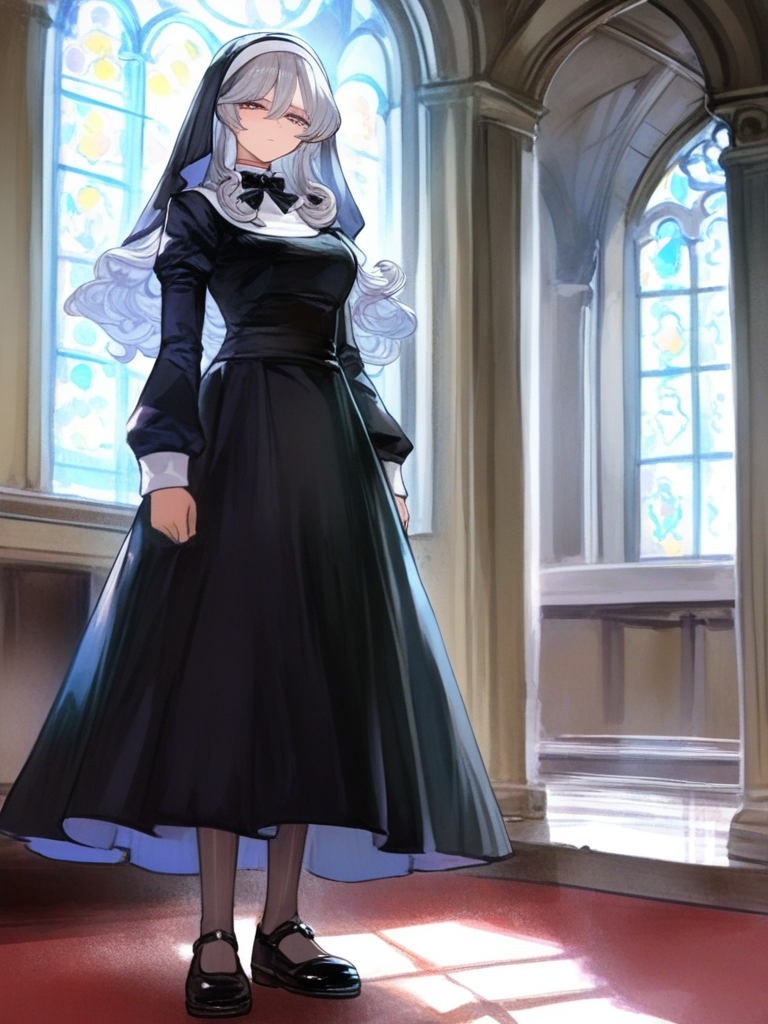 [vibrant-anime-male-style], 1girl, disappointed, layer long skirt, nun attire, silk, hairband, bow tie, choker, silver hair, loose hair, fluffy curls, stockings, mary jane shoes, charcoal black, ivory white, full body, day, window light, church