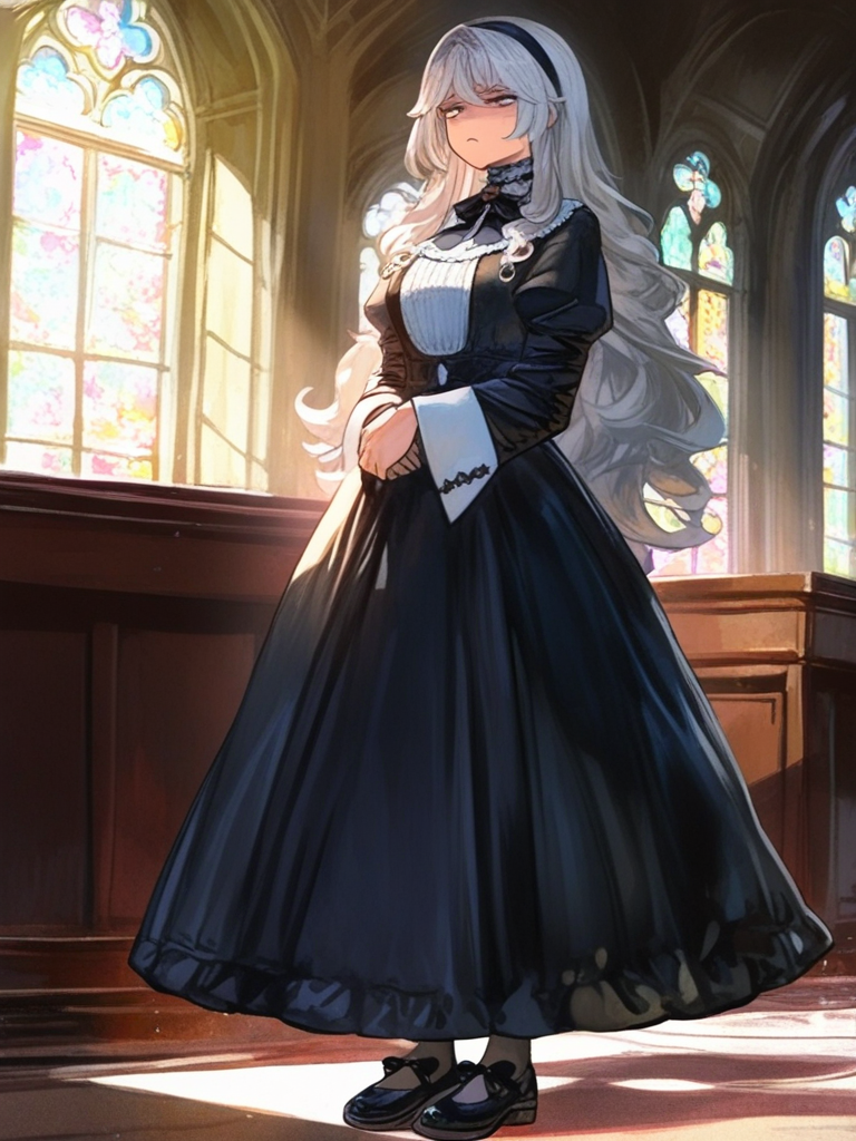 [vibrant-anime-male-style], 1girl, disappointed, long skirt, nun attire, silk, hairband, bow tie, choker, silver hair, loose hair, fluffy curls, stockings, mary jane shoes, charcoal black, ivory white, full body, day, window light, church
