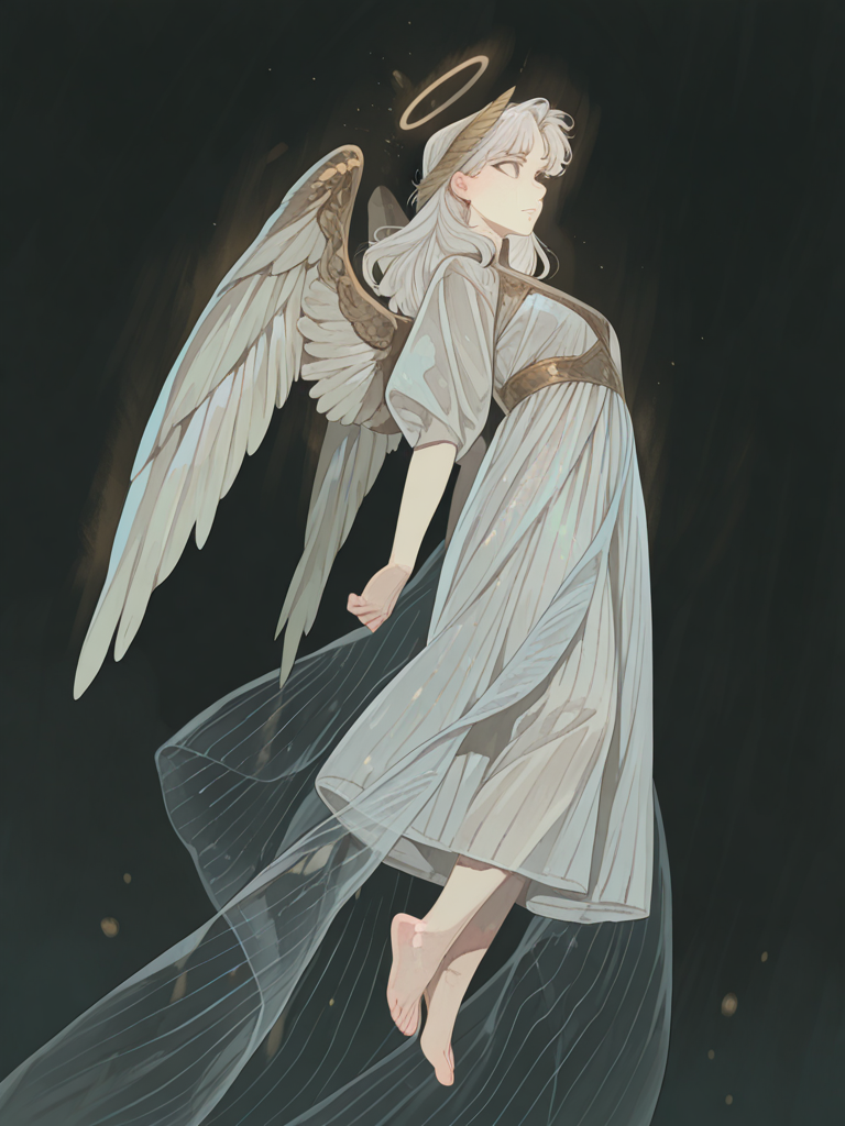 [glimmer-anime-style], 1girl, floating, expressionless, silk, translucent fabric, angel, angel dress, angel wings, angel halo, feather halo, feather headband, glowing eyes, white hair, pale skin, barefoot, gold, white, ethereal