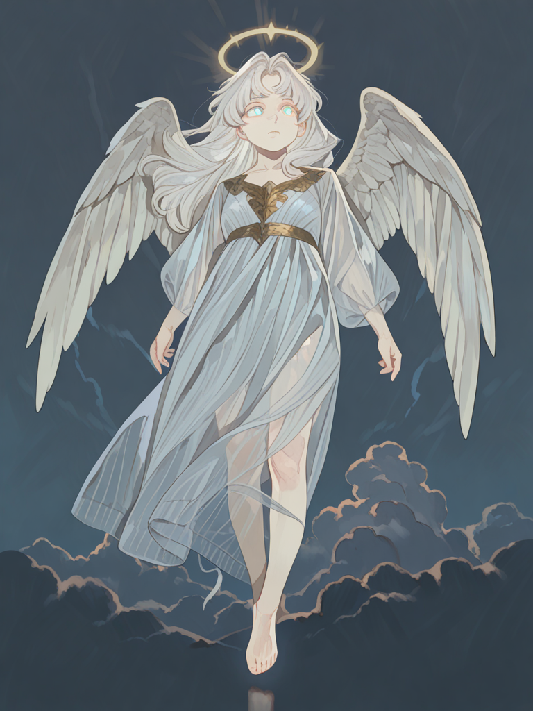 [glimmer-anime-style], 1girl, floating, expressionless, silk, translucent fabric, angel, angel dress, angel wings, angel halo, feather halo, feather headband, glowing eyes, white hair, pale skin, barefoot, gold, white, ethereal