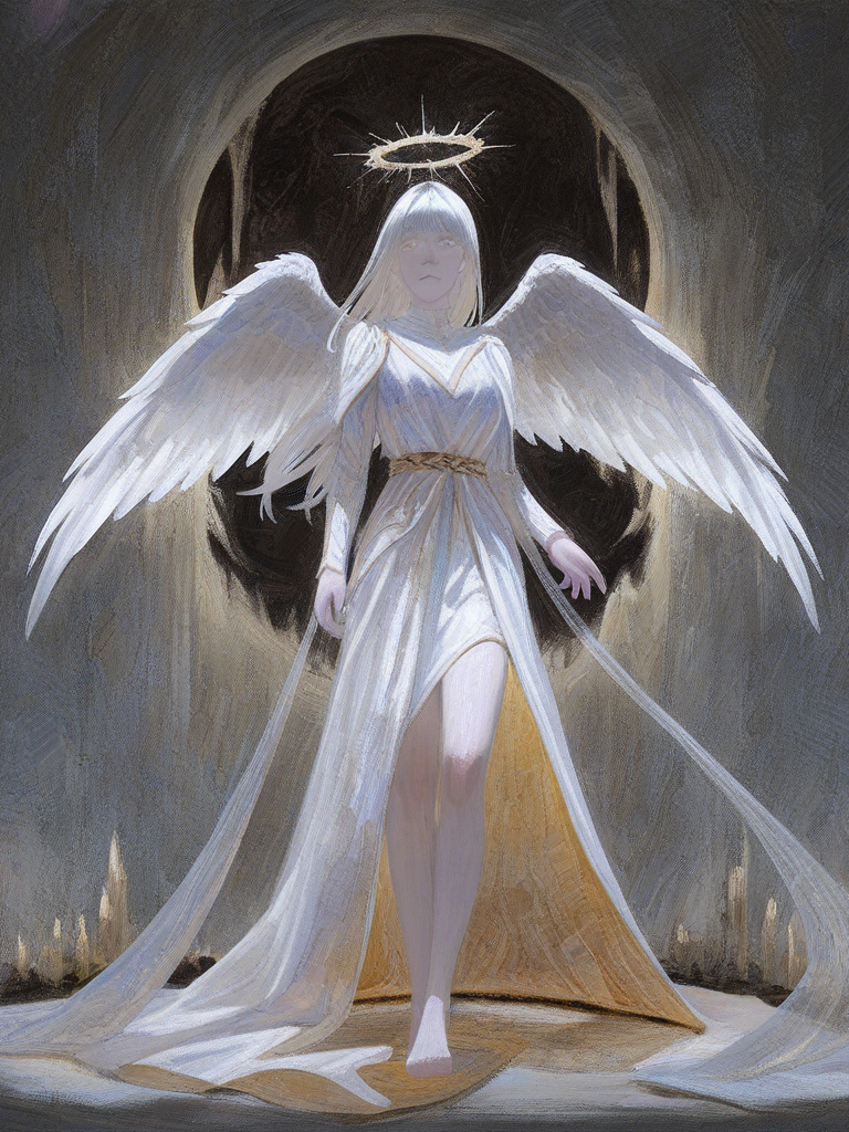 [gothic-oil-painting-style], 1girl, floating, expressionless, silk, translucent fabric, angel, angel dress, angel wings, angel halo, feather halo, feather headband, glowing eyes, white hair, pale skin, barefoot, gold, white, ethereal