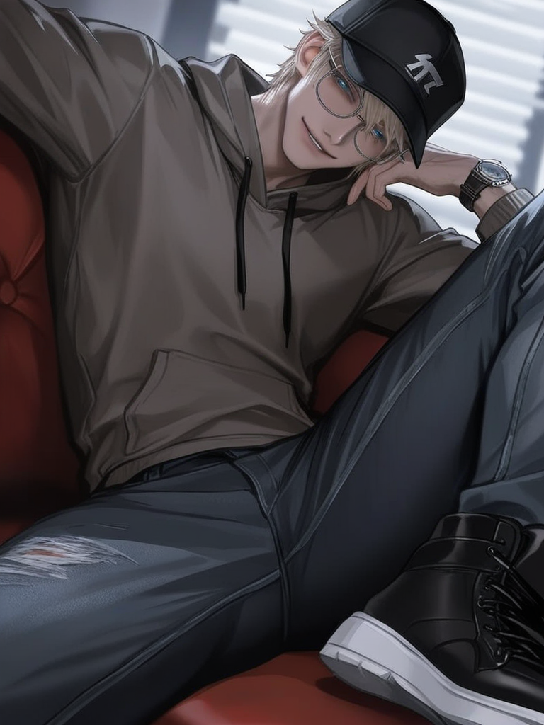 [silky-radiance-style], adult male, young adult, young man, smirk, head tilt, dark grey hoodie, hood down, denim pants, jean pants, baseball cap, glasses, thick-rimmed glasses, square, sneakers, wristwatch, tall, slender, muscular, narrow waist, blonde hair, teal eyes