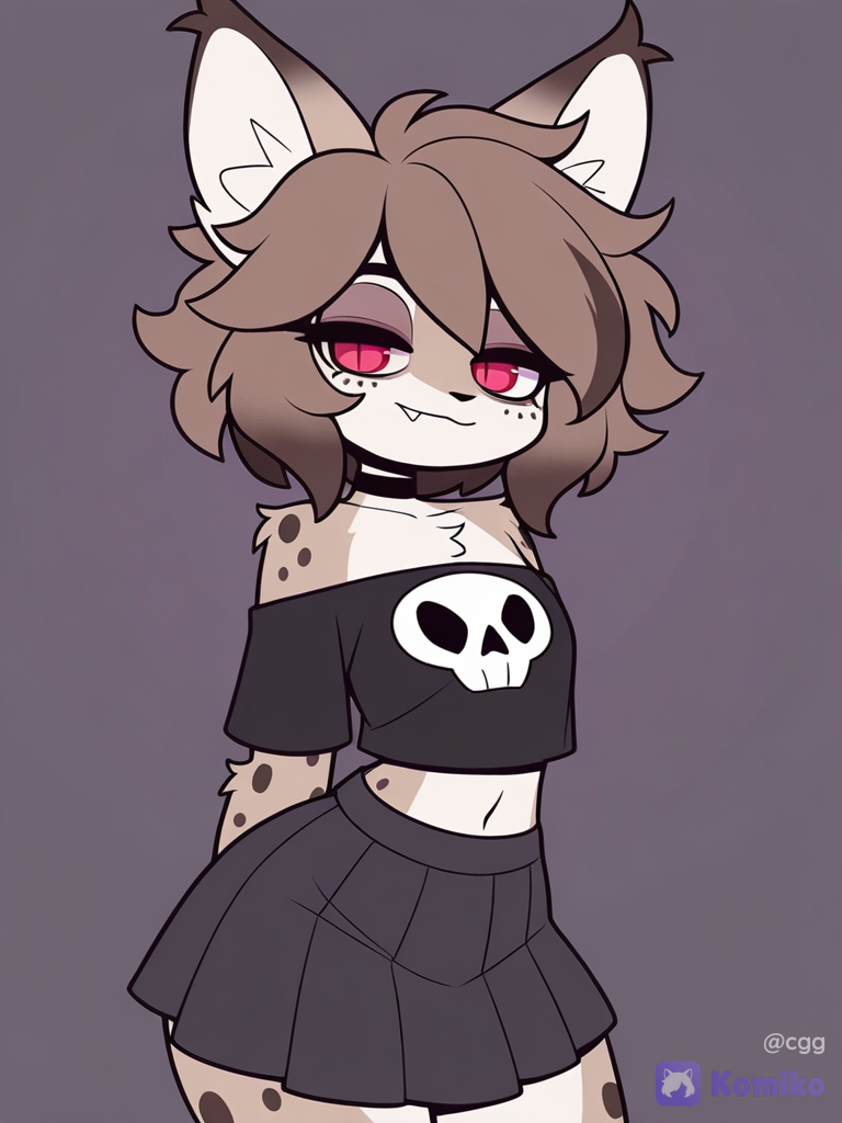 1boy, solo, furry, lynx boy, lynx ears, pointy ears, two-tone fur, (brown fur, white fur), brown head, dark-brown spots, dark-brown hair, short hair, fluffy hair, hair between eyes, streaked hair, red eyes, black pupils, slit pupils, fang, spiked teeth, navel, exposed navel, flat chest, thick thighs, wide chest, left-handed, (black t-shirt, cropped t-shirt, off-shoulder t-shirt, skull print, black skirt, pleated skirt, medium skirt, lowleg skirt), black collar, light smile, half-closed eyes, looking at viewer, [pop-toon-style], facing viewer, v-fingers, no lineart