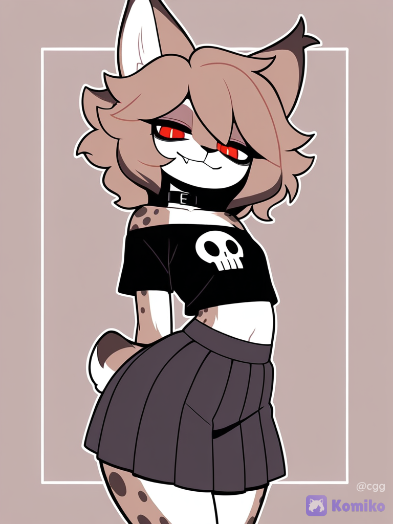 1boy, solo, furry, lynx boy, lynx ears, pointy ears, two-tone fur, (brown fur, white fur), brown head, dark-brown spots, dark-brown hair, short hair, fluffy hair, hair between eyes, streaked hair, red eyes, black pupils, slit pupils, fang, spiked teeth, navel, exposed navel, flat chest, thick thighs, wide chest, left-handed, (black t-shirt, cropped t-shirt, off-shoulder t-shirt, skull print, black skirt, pleated skirt, medium skirt, lowleg skirt), black collar, light smile, half-closed eyes, looking at viewer, [pop-toon-style], facing viewer, v-fingers, no lineart
