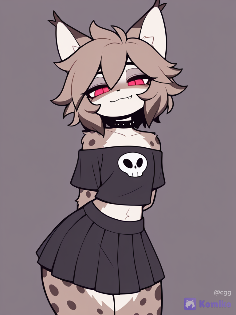 1boy, solo, furry, lynx boy, lynx ears, pointy ears, two-tone fur, (brown fur, white fur), brown head, dark-brown spots, dark-brown hair, short hair, fluffy hair, hair between eyes, streaked hair, red eyes, black pupils, slit pupils, fang, spiked teeth, navel, exposed navel, flat chest, thick thighs, wide chest, left-handed, (black t-shirt, cropped t-shirt, off-shoulder t-shirt, skull print, black skirt, pleated skirt, medium skirt, lowleg skirt), black collar, light smile, half-closed eyes, looking at viewer, [pop-toon-style], facing viewer, v-fingers, no lineart