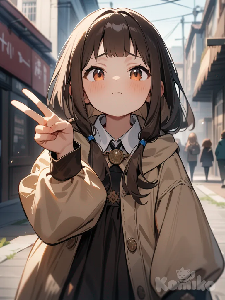 a girl, brown hair going to her shoulders, doing the victory sign with her right hand, looking tired, 10 years old, facing forward.