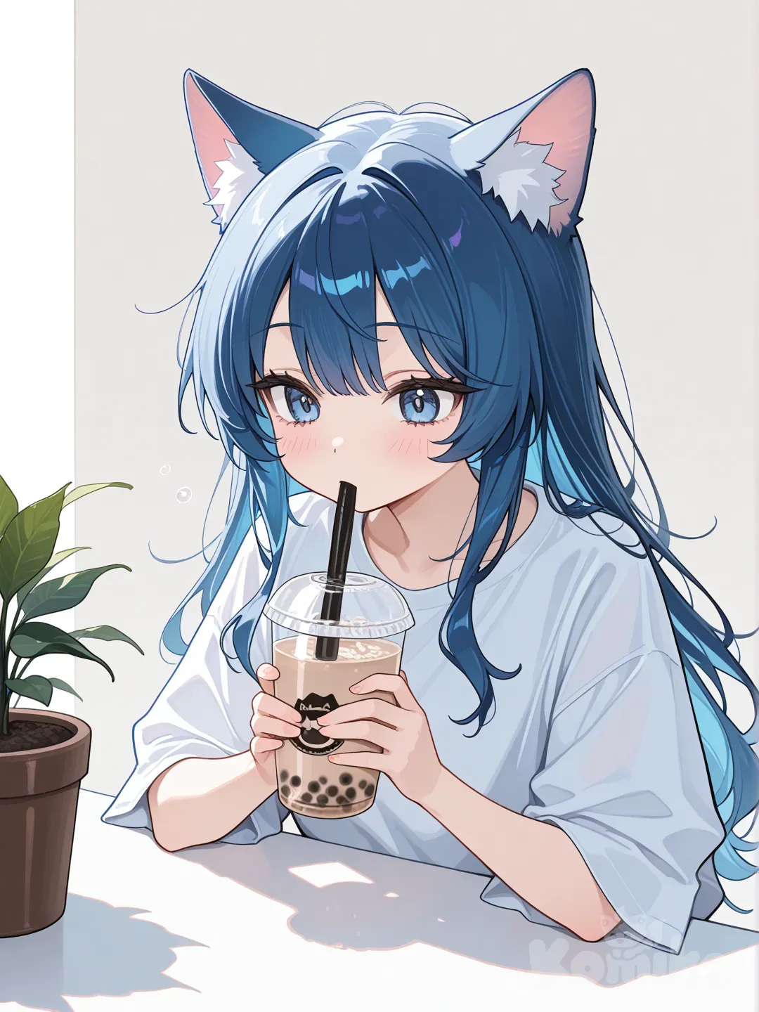 1girl, blue hair, upper body, cat ears, drinking boba, white table, potted plant